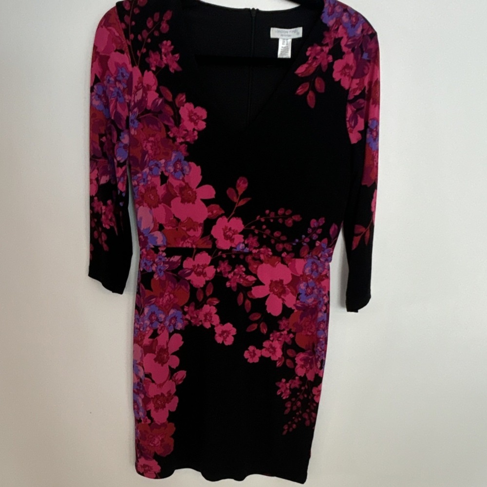 London Times Floral Sheath Dress V-Neck 3/4 Sleeve Knee Length Black 6P